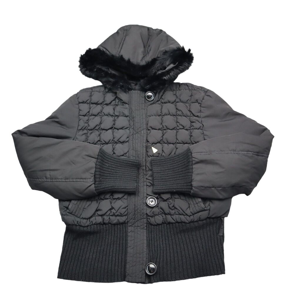 Kenneth Cole Jacket Womens S Black Quilted Hooded Fur Full Zip Button Polyester